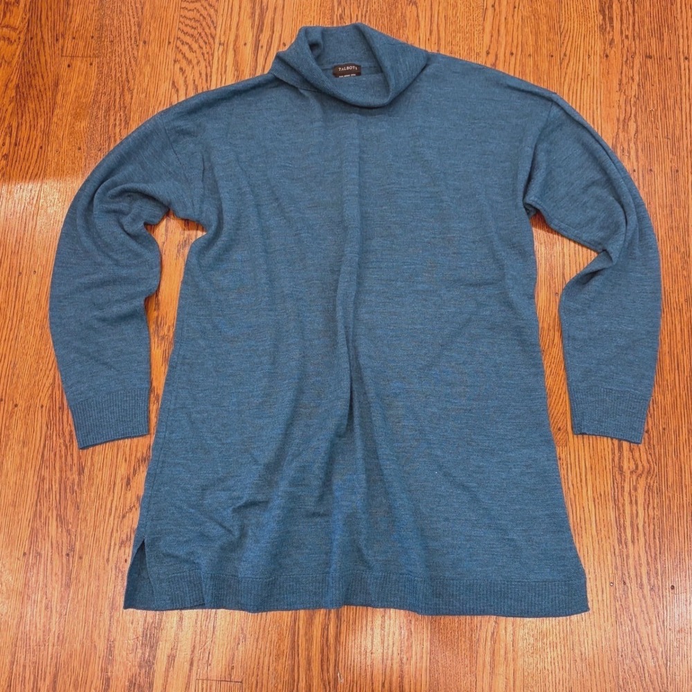 Talbots 100% Pure Merino Wool Cowl Neck Tunic Sweater Teal Blue Heather L